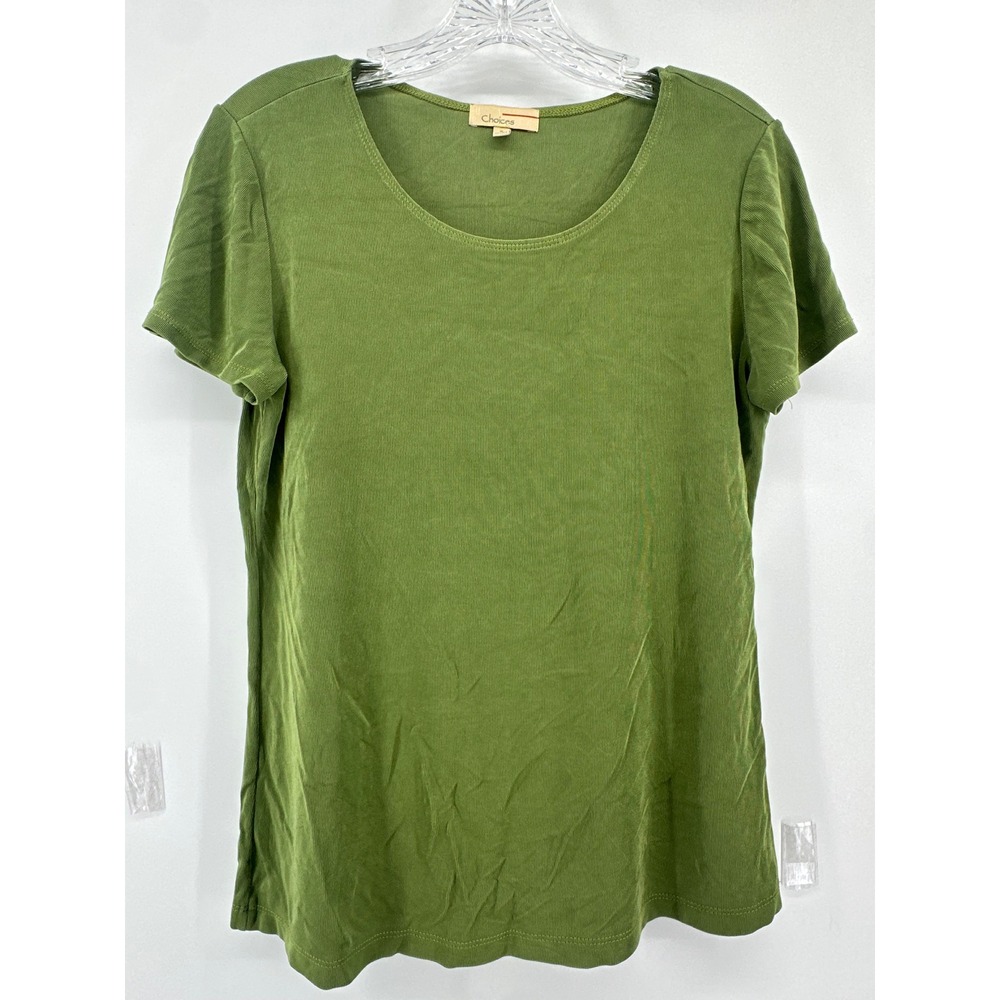 Choices‎ Women Olive Green Slinky Ribbed Scoop Neck Short Sleeve Top Small
